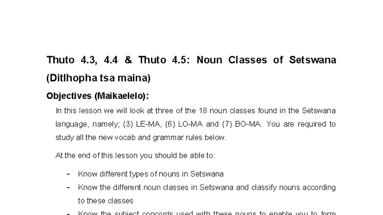 Thuto 4.3, 4.4, 4.5: Noun Classes in Setswana Class Notes - Studocu