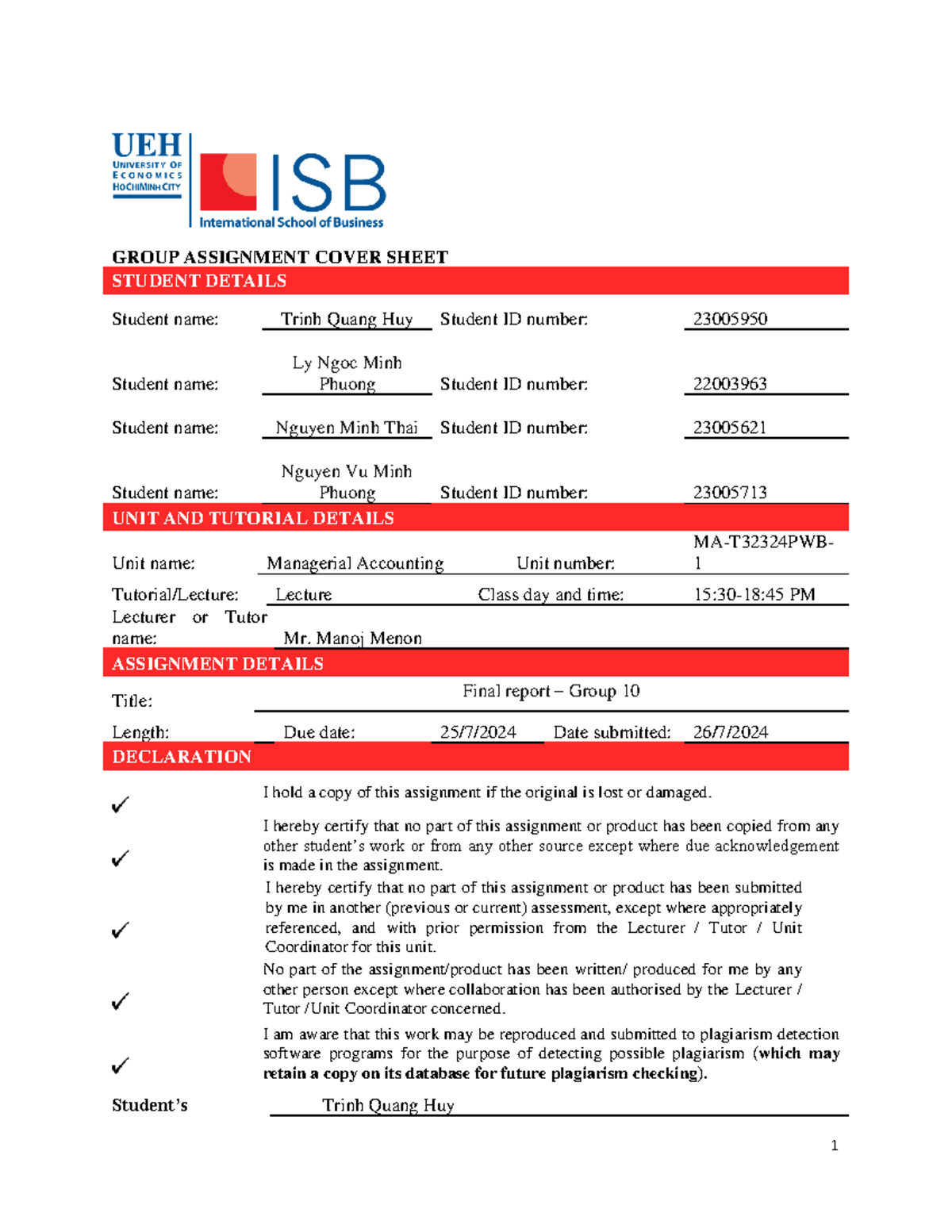 Final Report on Managerial Accounting (MA) - Group 10 Analysis - Studocu