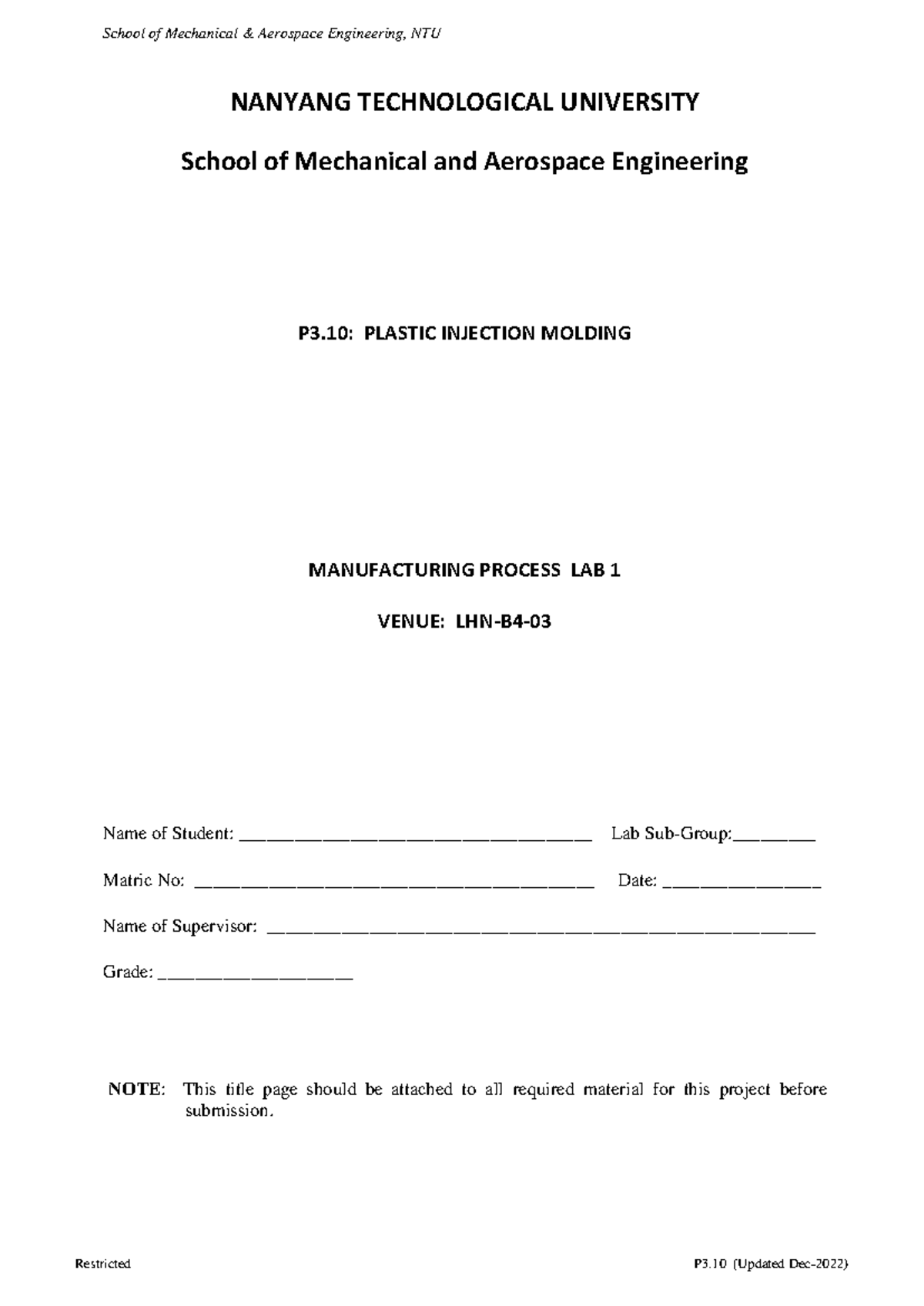 P3.10: Plastic Injection Molding Process Lab Report - NTU - Studocu