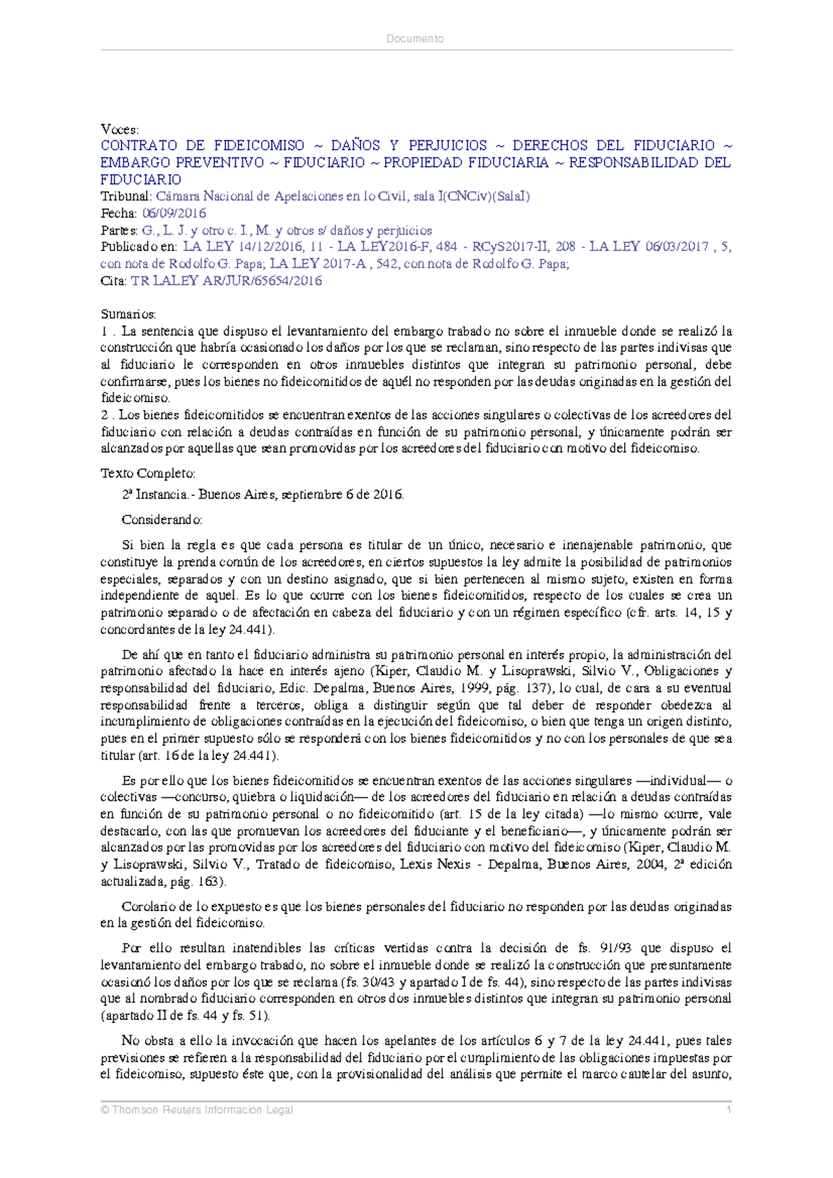 Contrato de Fideicomiso: Daños y Perjuicios - G. c. I. (CNCiv) - Studocu
