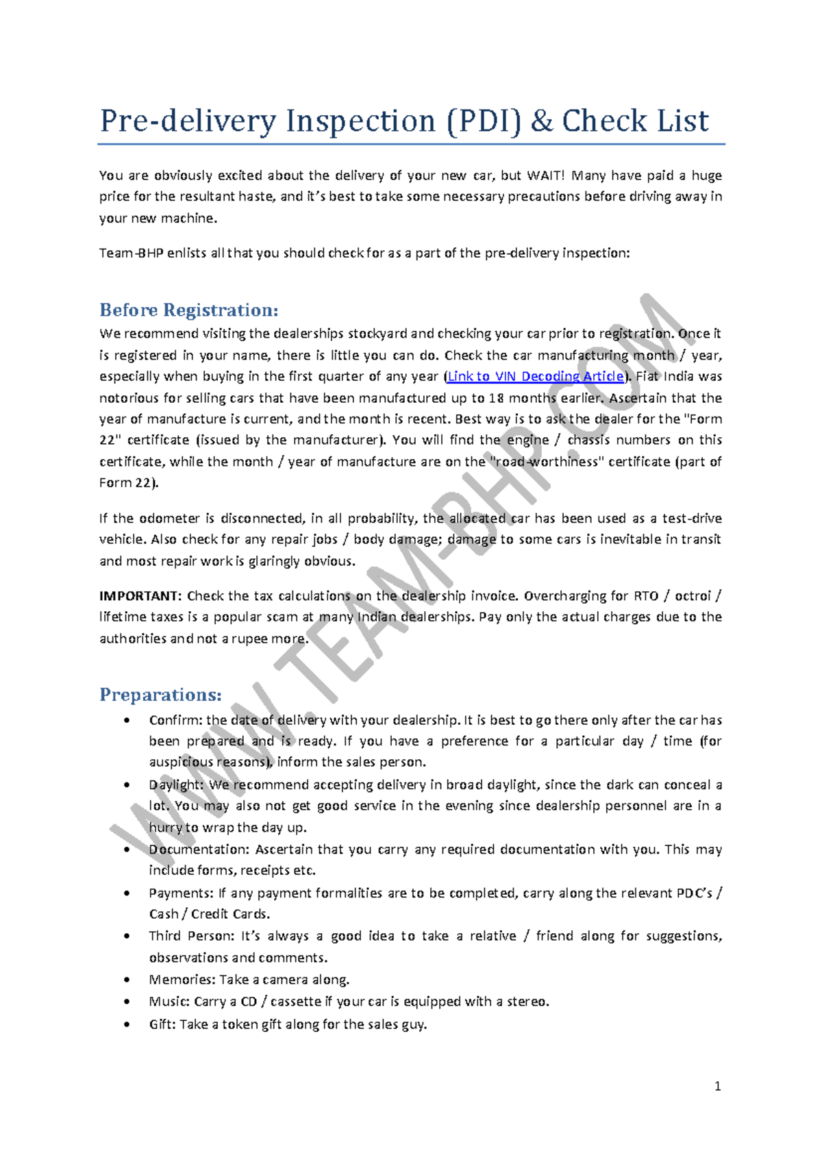 Team-BHP PDI Checklist: Essential New Car Inspection Guide - Studocu