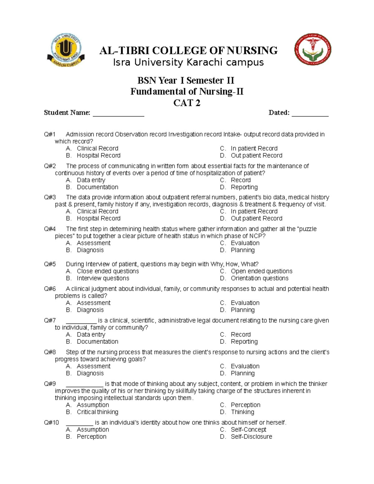 FON 1 - Assessment Test Quizzes for Nursing Students - Studocu