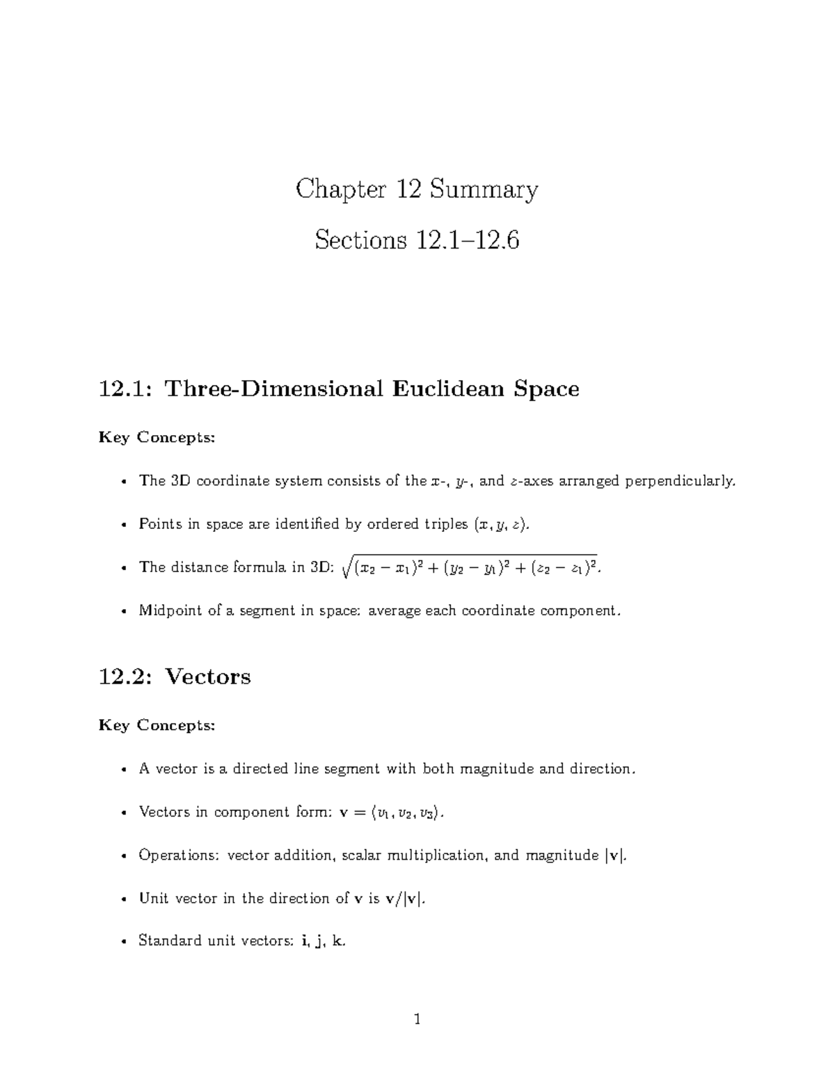 Chapter 12 Summary: 3D Space, Vectors, and Surfaces Concepts - Studocu