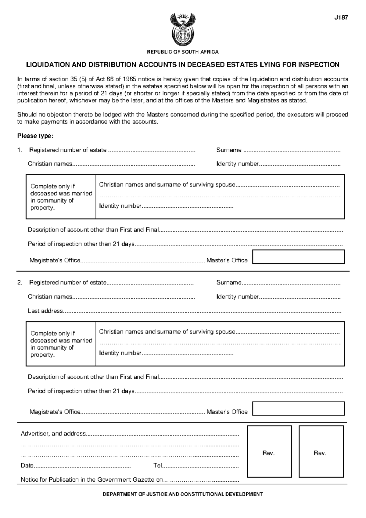 J187 Notice: Liquidation & Distribution Accounts for Estates Inspection ...