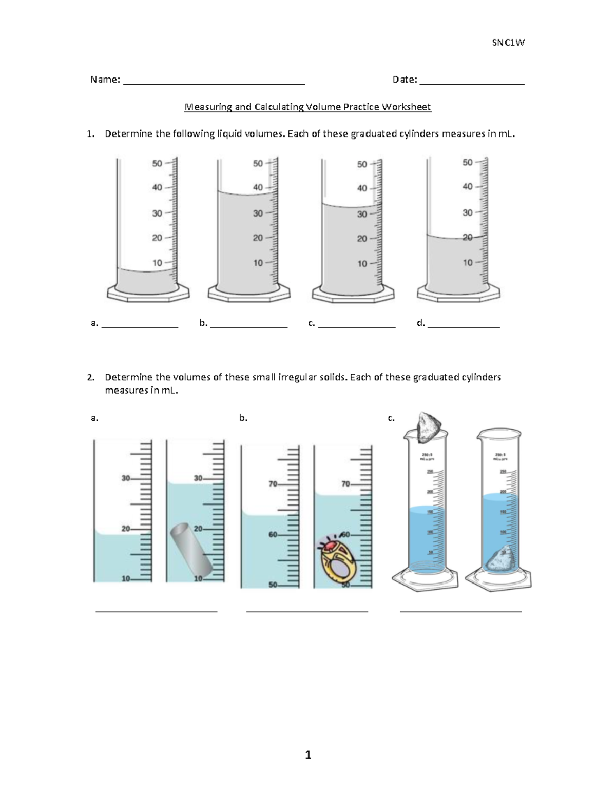 SNC1D Measuring and Calculating Volume Practice Worksheet - SCH4UZ ...