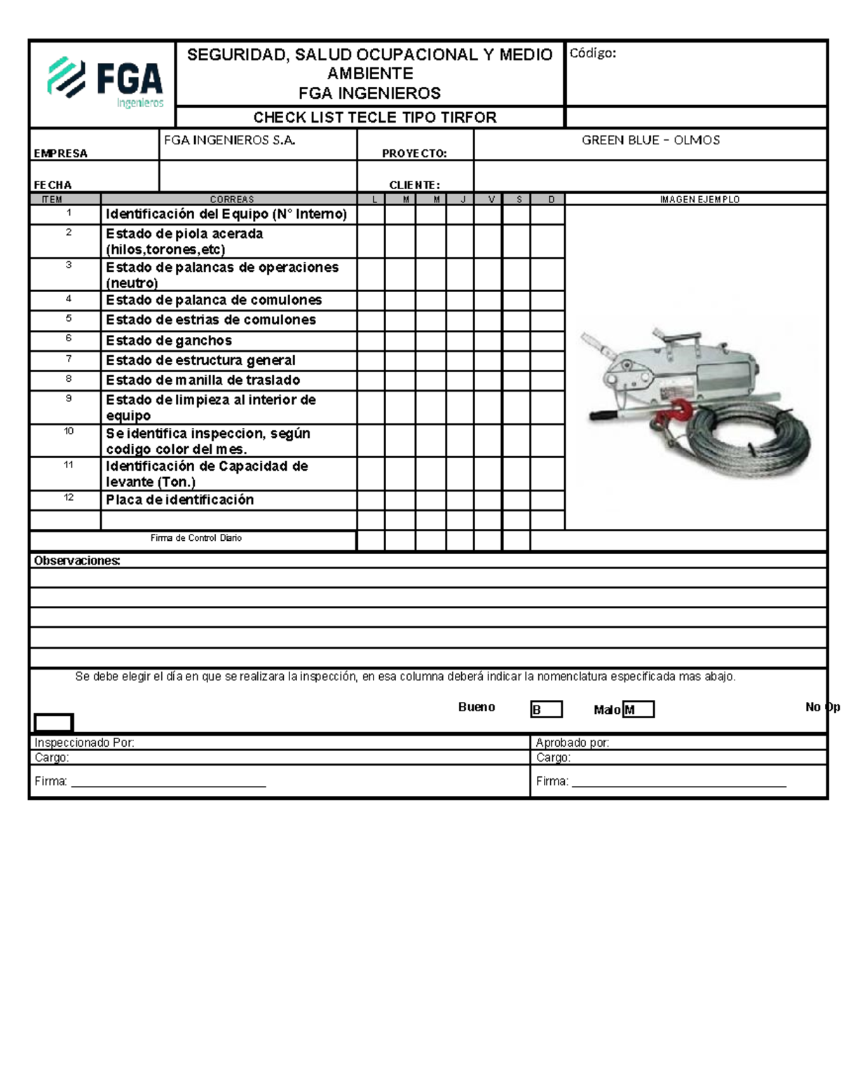 Check List Tecle Tirfor FGA Ingenieros - Seguridad y Salud Ocupacional ...