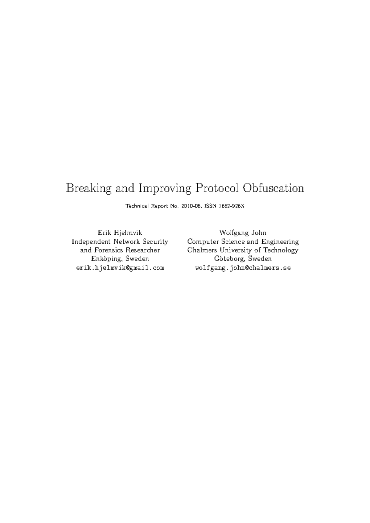 Technical Report 2010-05: Enhancing Protocol Obfuscation Techniques ...
