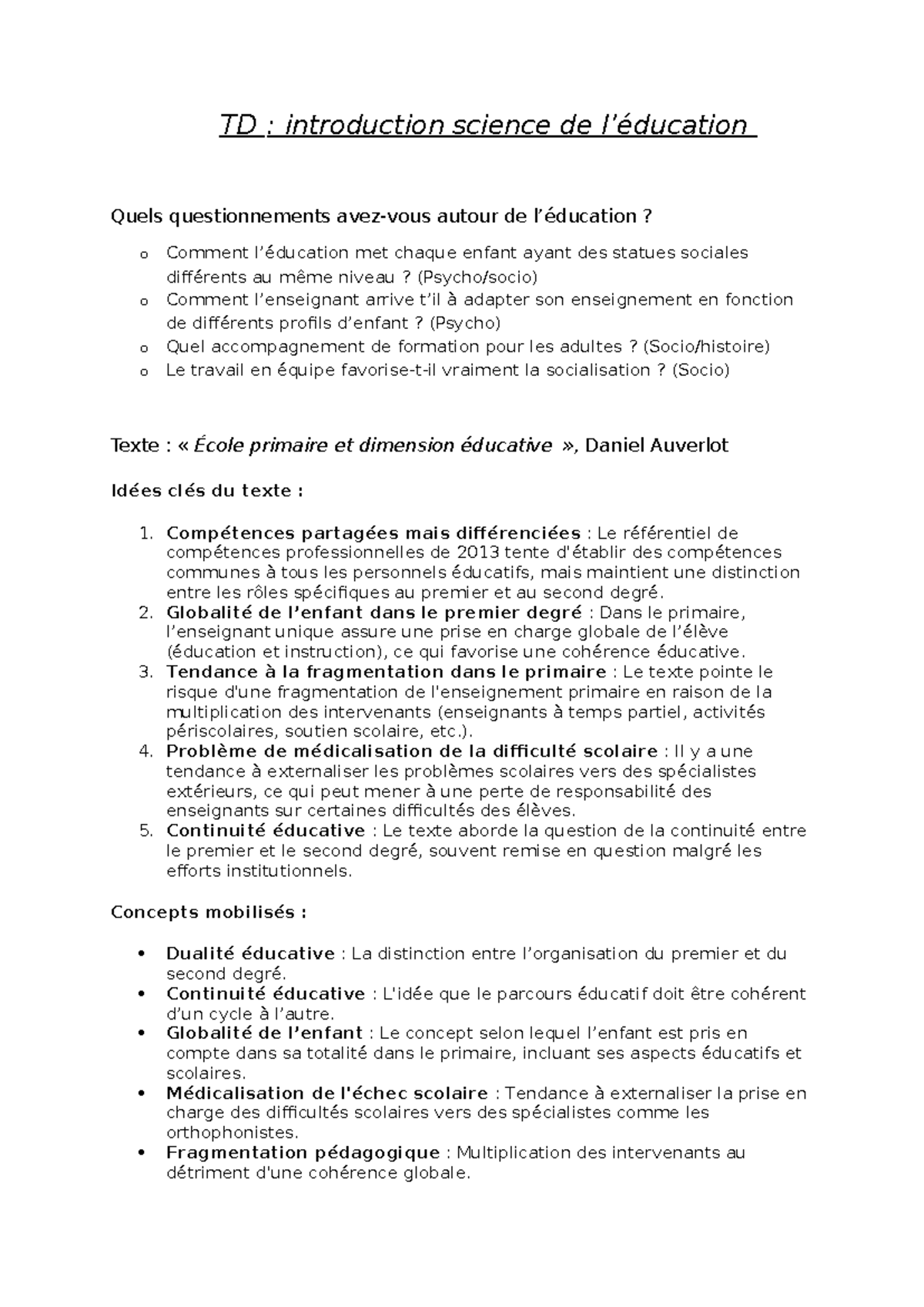TD 1 : Introduction à la Science de l'Éducation et au Curriculum - Studocu