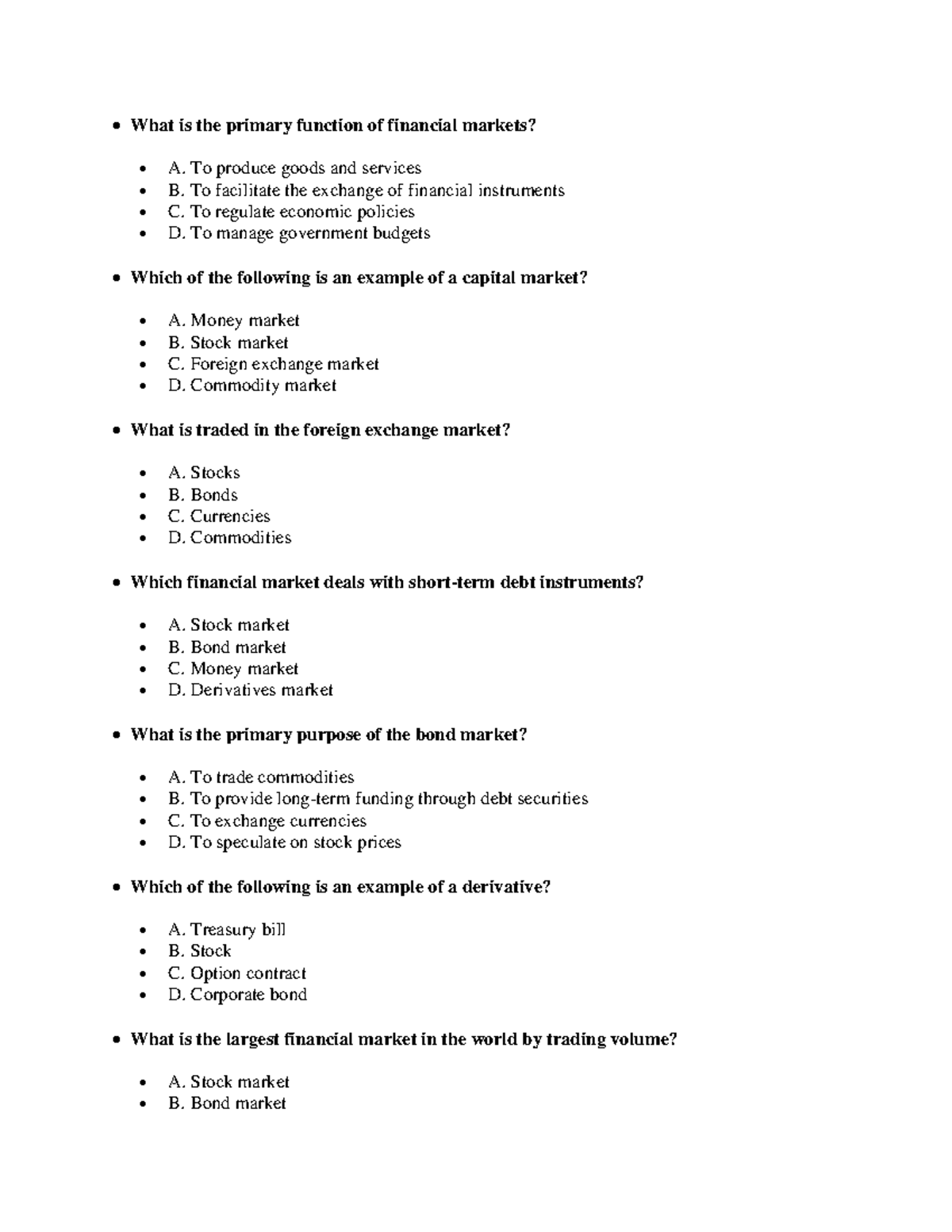 Financial Markets Overview - Course Code: FINA101 - Studocu