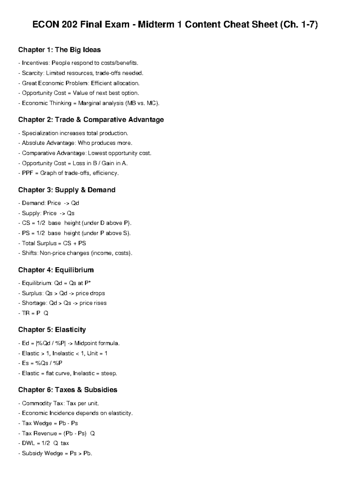 ECON 202 Final Exam Midterm 1 Comprehensive Cheat Sheet - Studocu