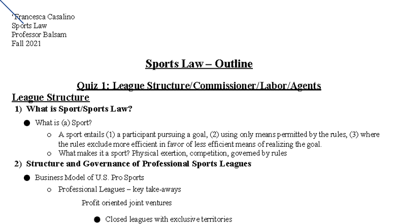 F. Casalino - Sports Law - Fall 2021 Quiz 1 Outline on League Structure ...