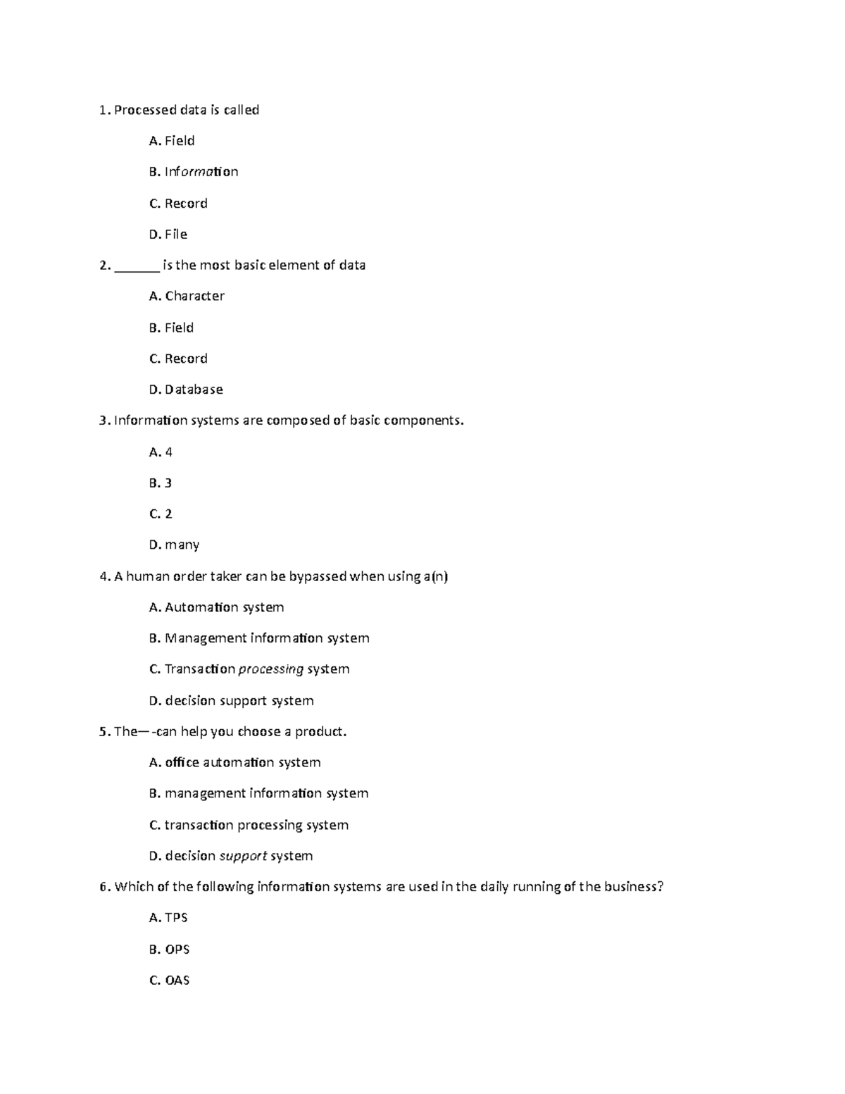 Question Bank for Lecture 5 - Information Systems and ERP - Studocu