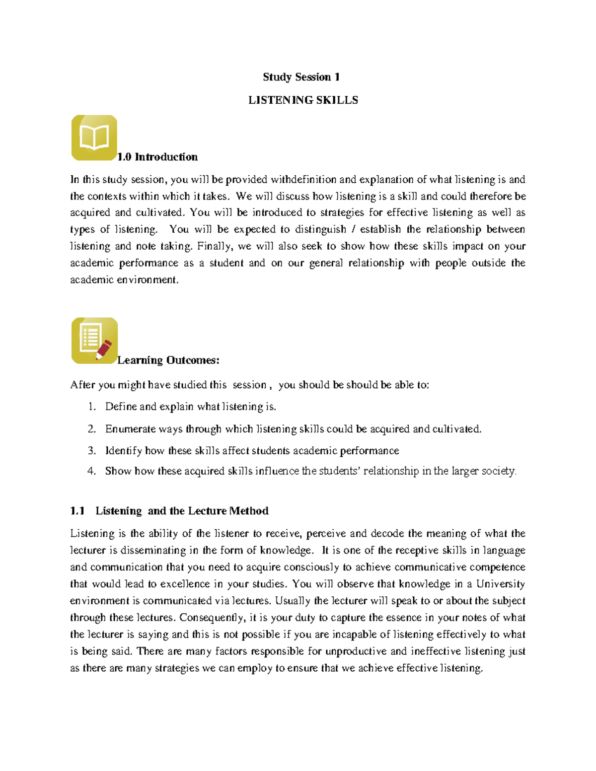 GST105 Study Session 1: Enhancing Listening Skills for Success - Studocu