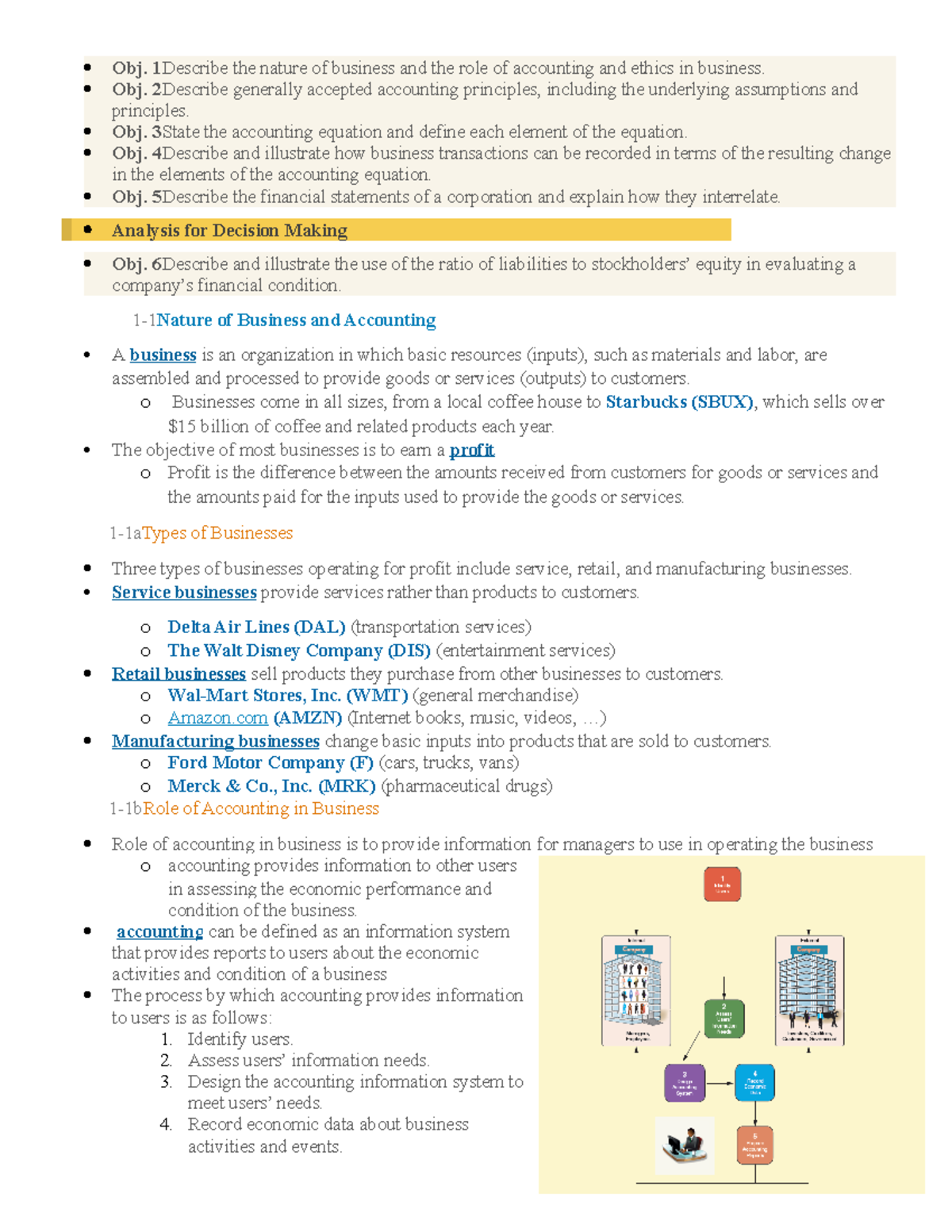 Chapter 1 notes - Obj. 1Describe the nature of business and the role of ...