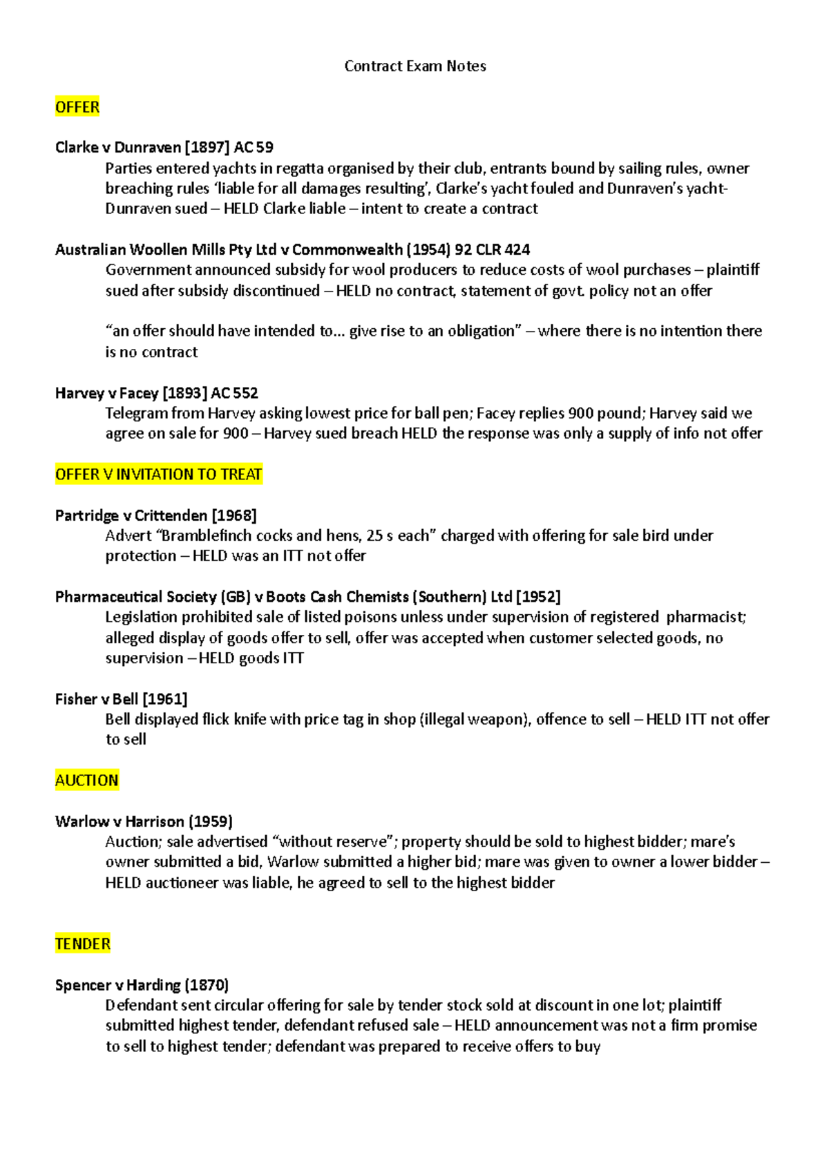 Contract Law (LAW101) Exam Notes: Key Cases and Principles Summary ...