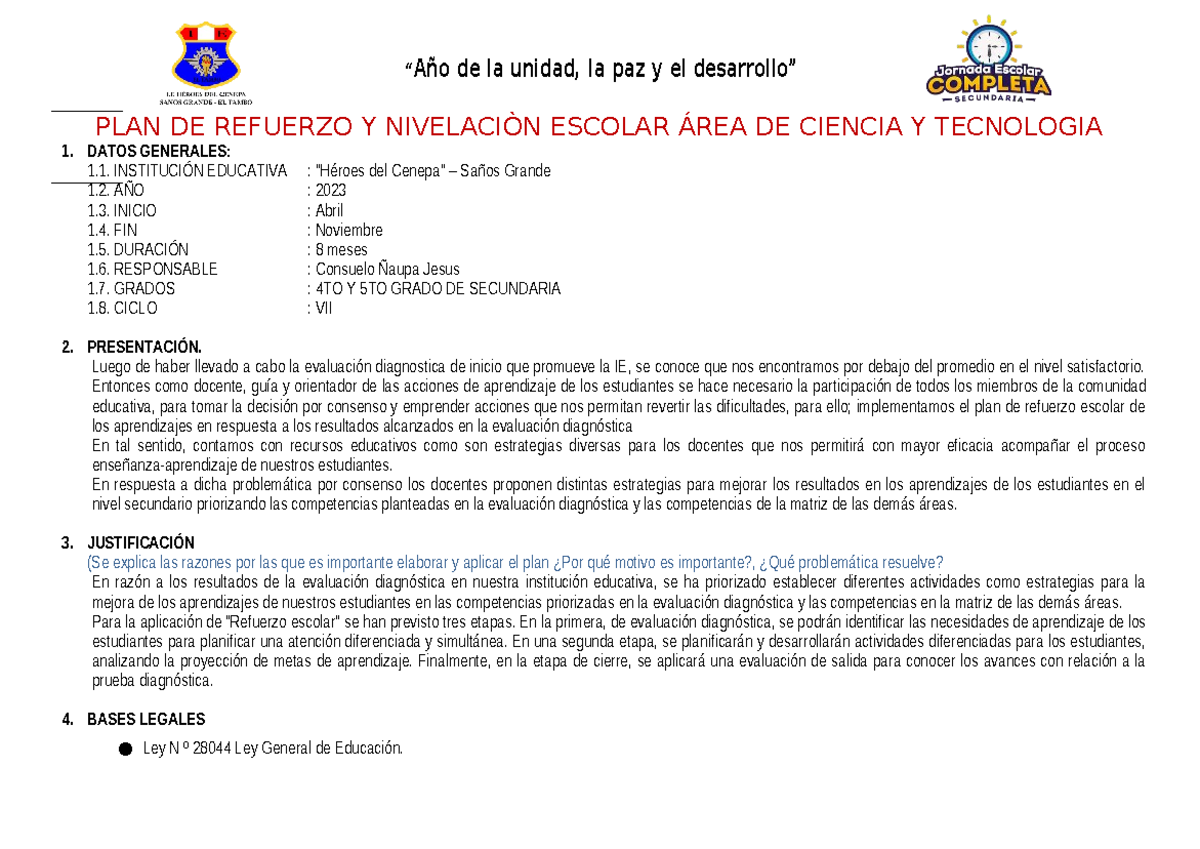 PLAN DE REFUERZO ESCOLAR EN CIENCIA Y TECNOLOGÍA 4TO Y 5TO GRADO 2023 ...