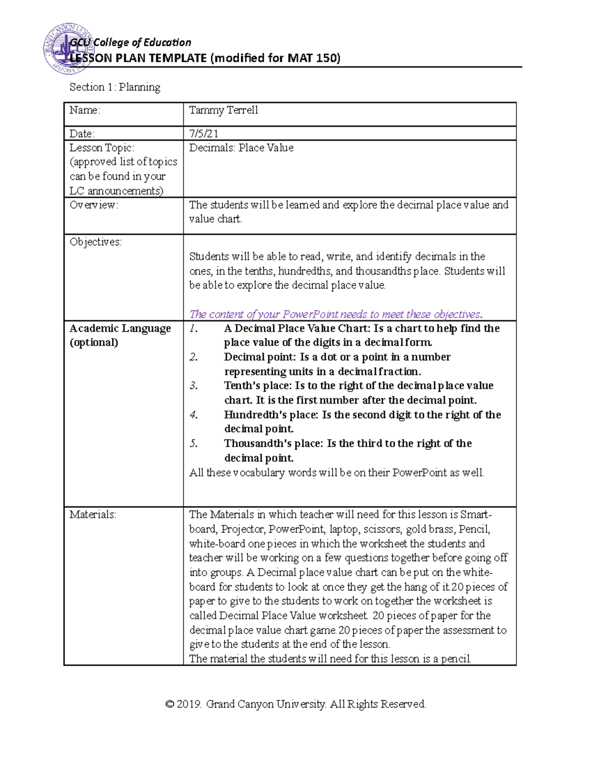 MAT 150 Decimals: Place Value Lesson Plan and Instruction Guide - Studocu
