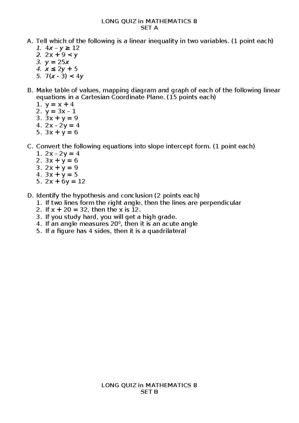 Mathematics 8 Long Quiz: Sets A, B, and C Overview - Studocu