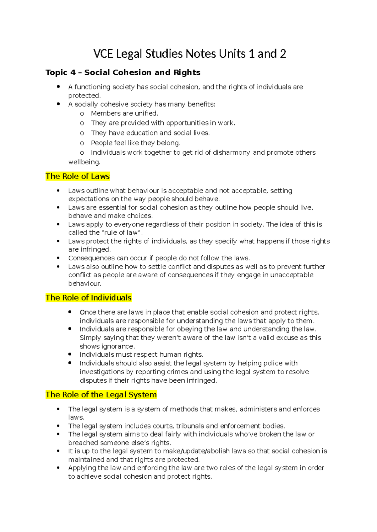 VCE Legal Studies Notes: Units 1 & 2 - Social Cohesion, Rights ...