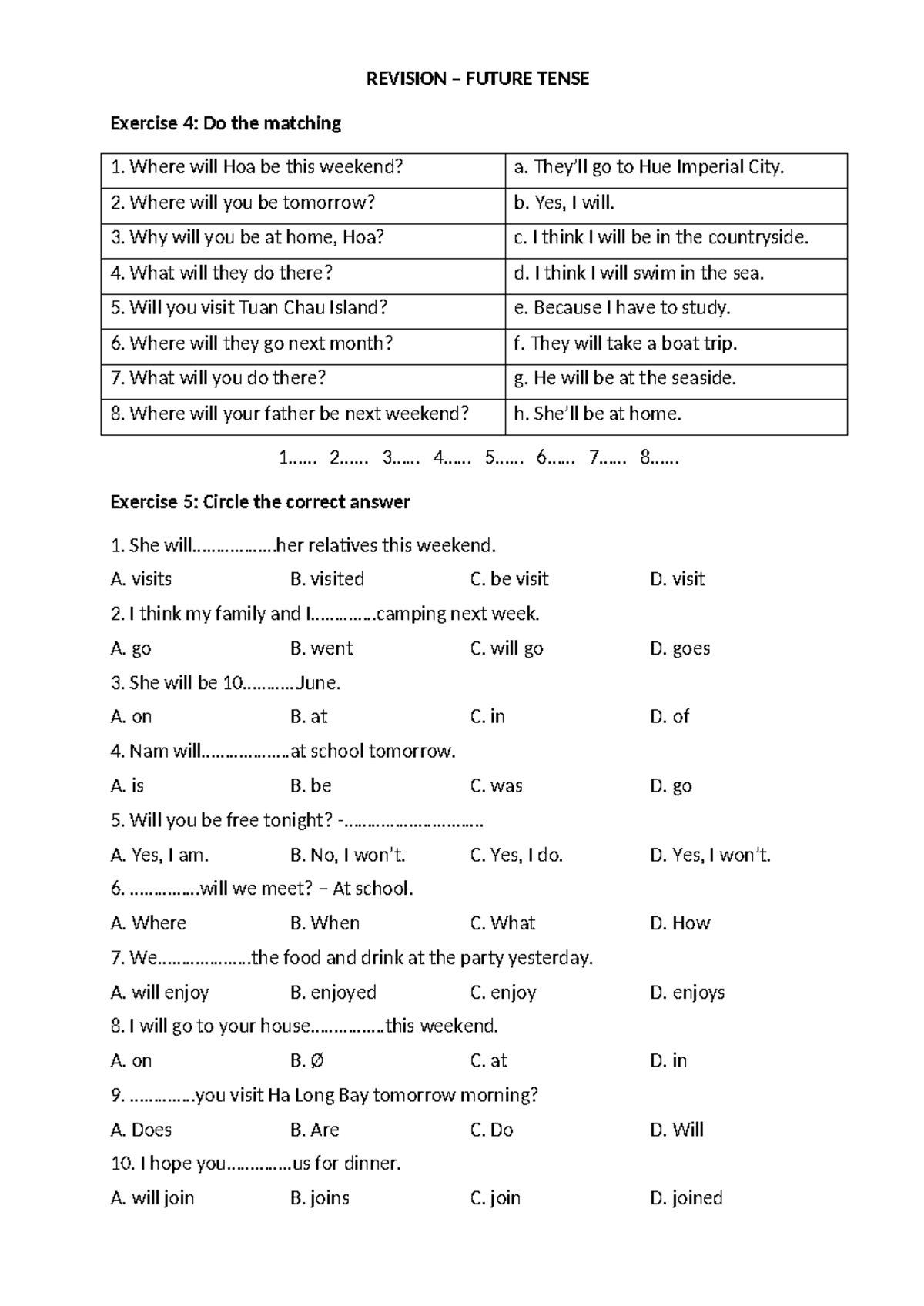 Revision Future Tense Exercises and Answers - Studocu