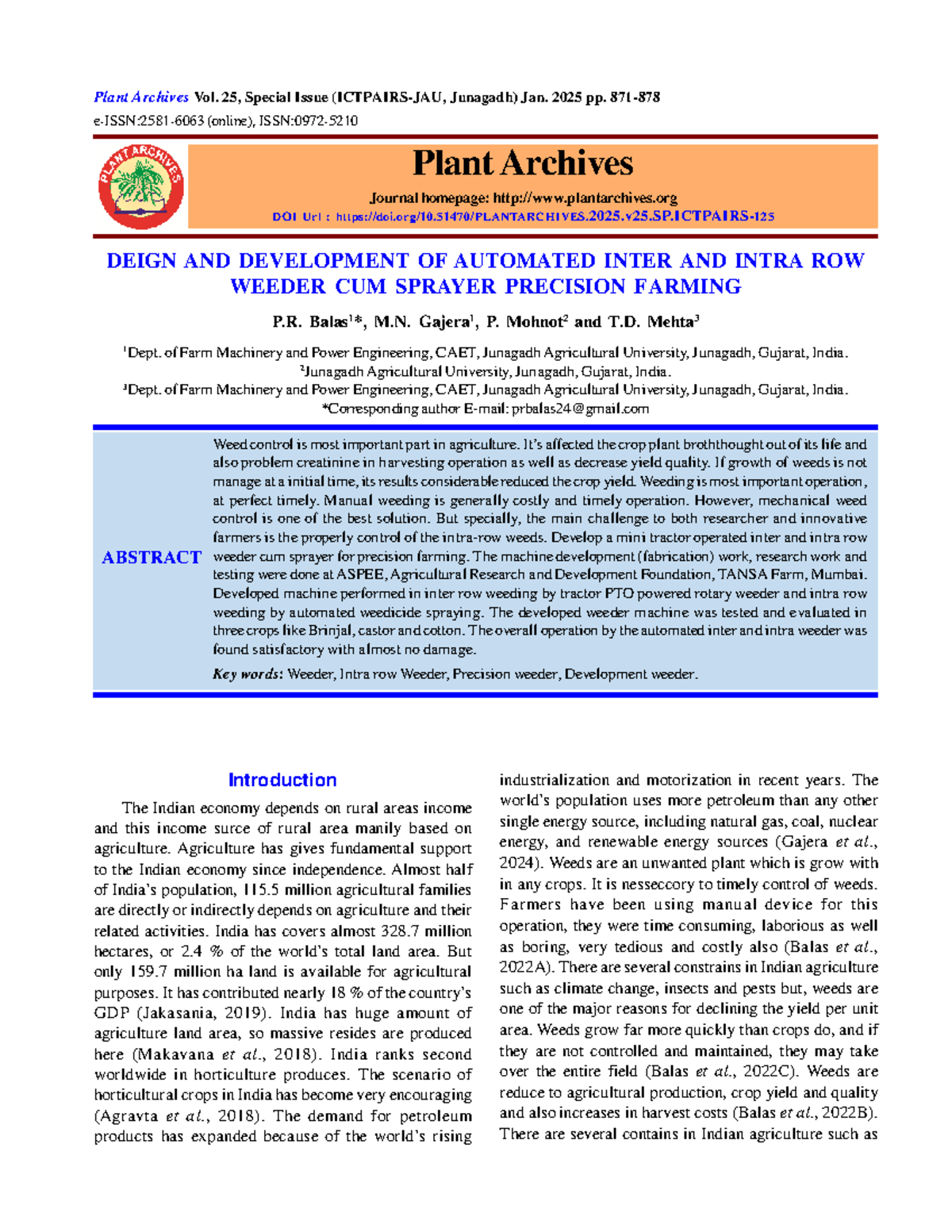 Design and development of automated inter and intra row weeder cum ...