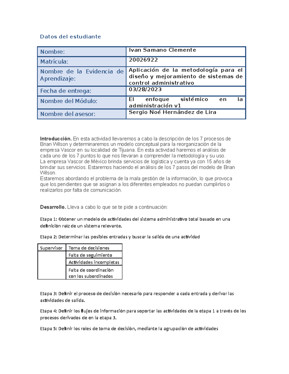 metodología Wilson - Datos del estudiante Nombre: Ivan Samano Clemente ...