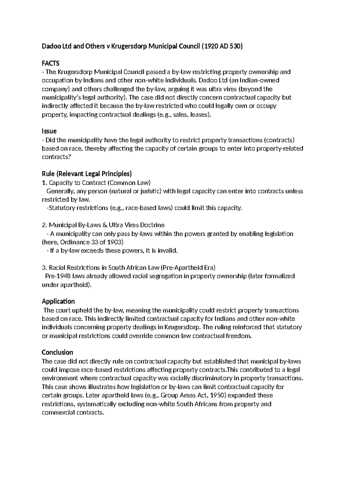 Dadoo Ltd v Krugersdorp Mun. Council (1920) - Case Study on Contractual ...