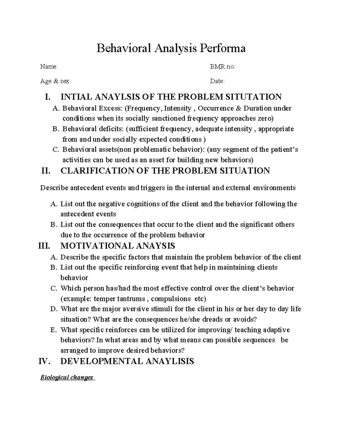 Behavioral Analysis Proforma: Comprehensive Assessment Template - Studocu