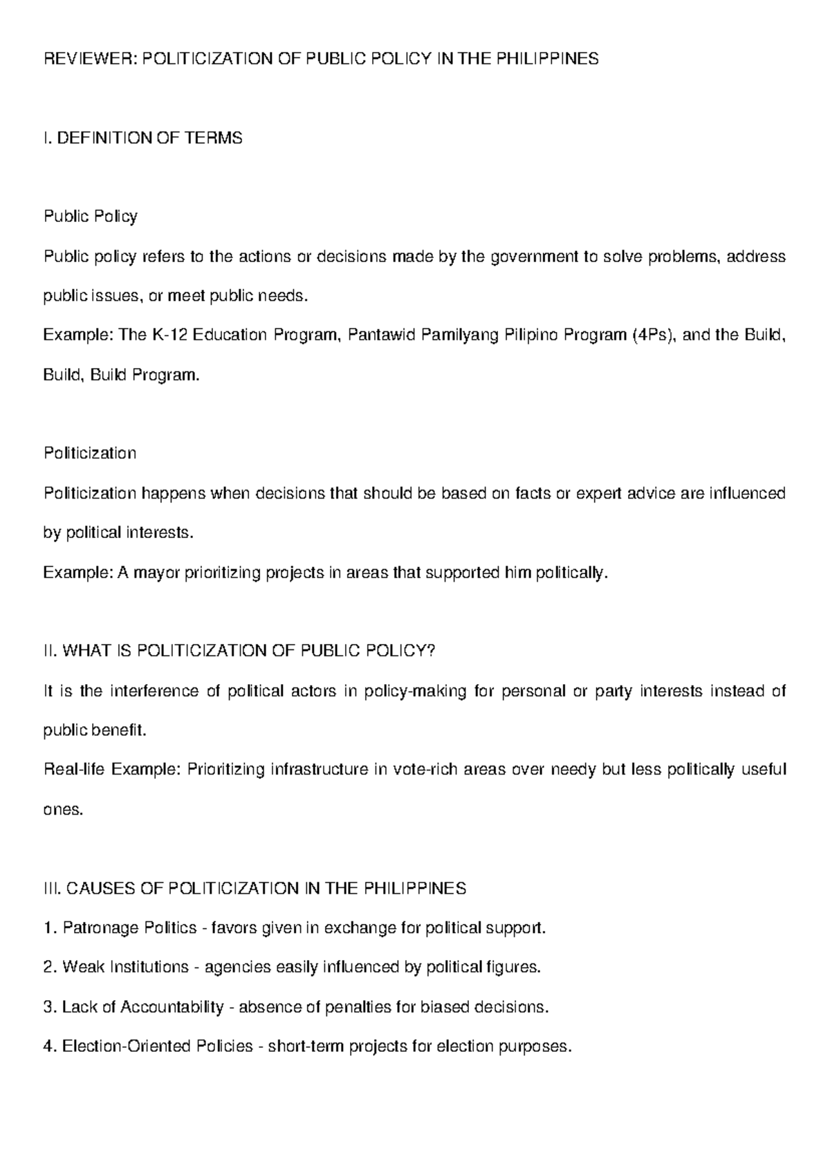 Politicization of Public Policy PH - REVIEWER: POLITICIZATION OF PUBLIC ...
