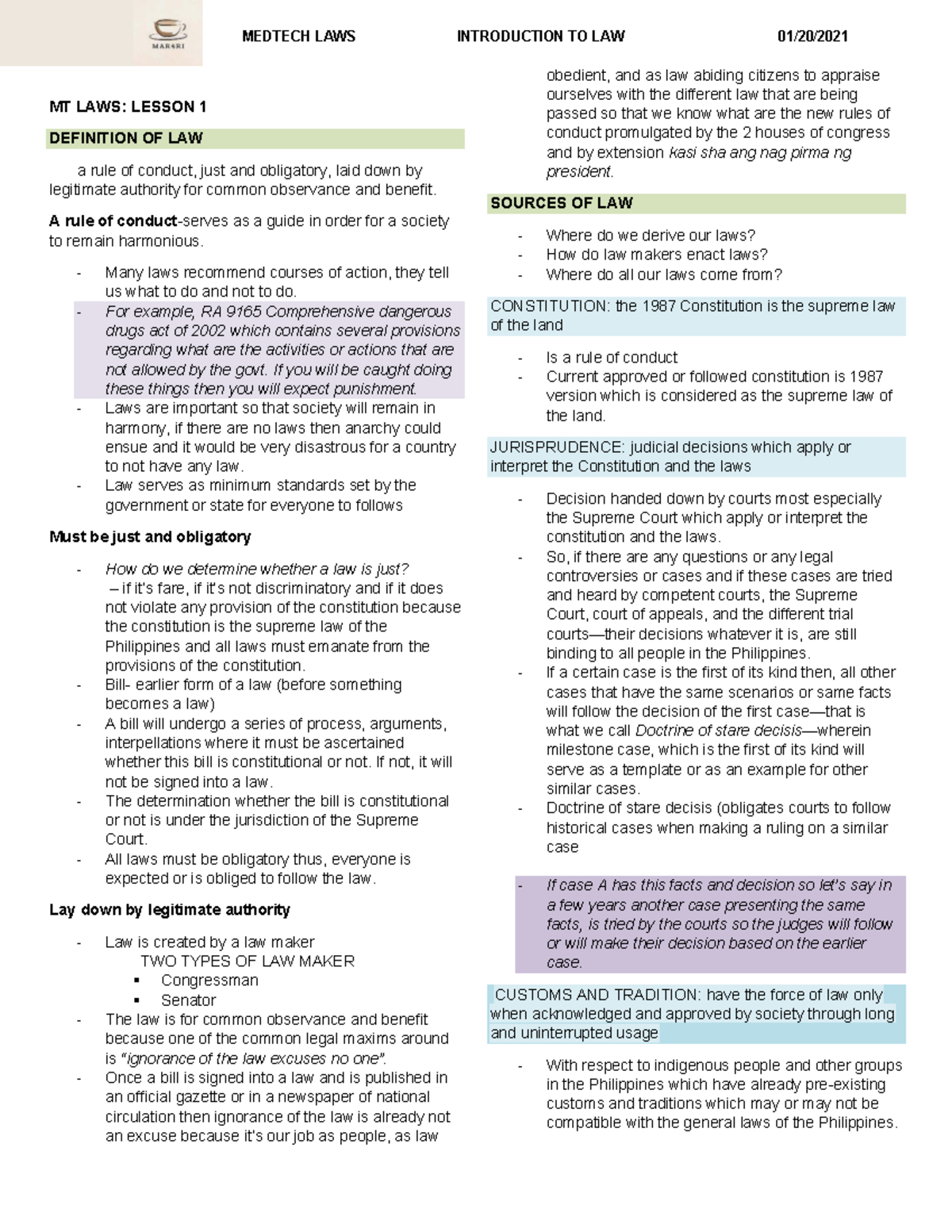 MEDTECH LAWS: INTRODUCTION TO LAW - LESSON 1 OVERVIEW AND SOURCES - Studocu
