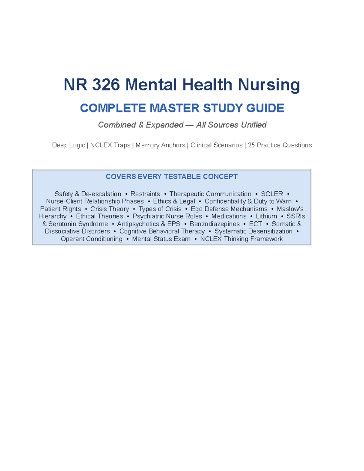 NR 326 Mental Health Nursing Final Exam Study Guide: Key Concepts ...