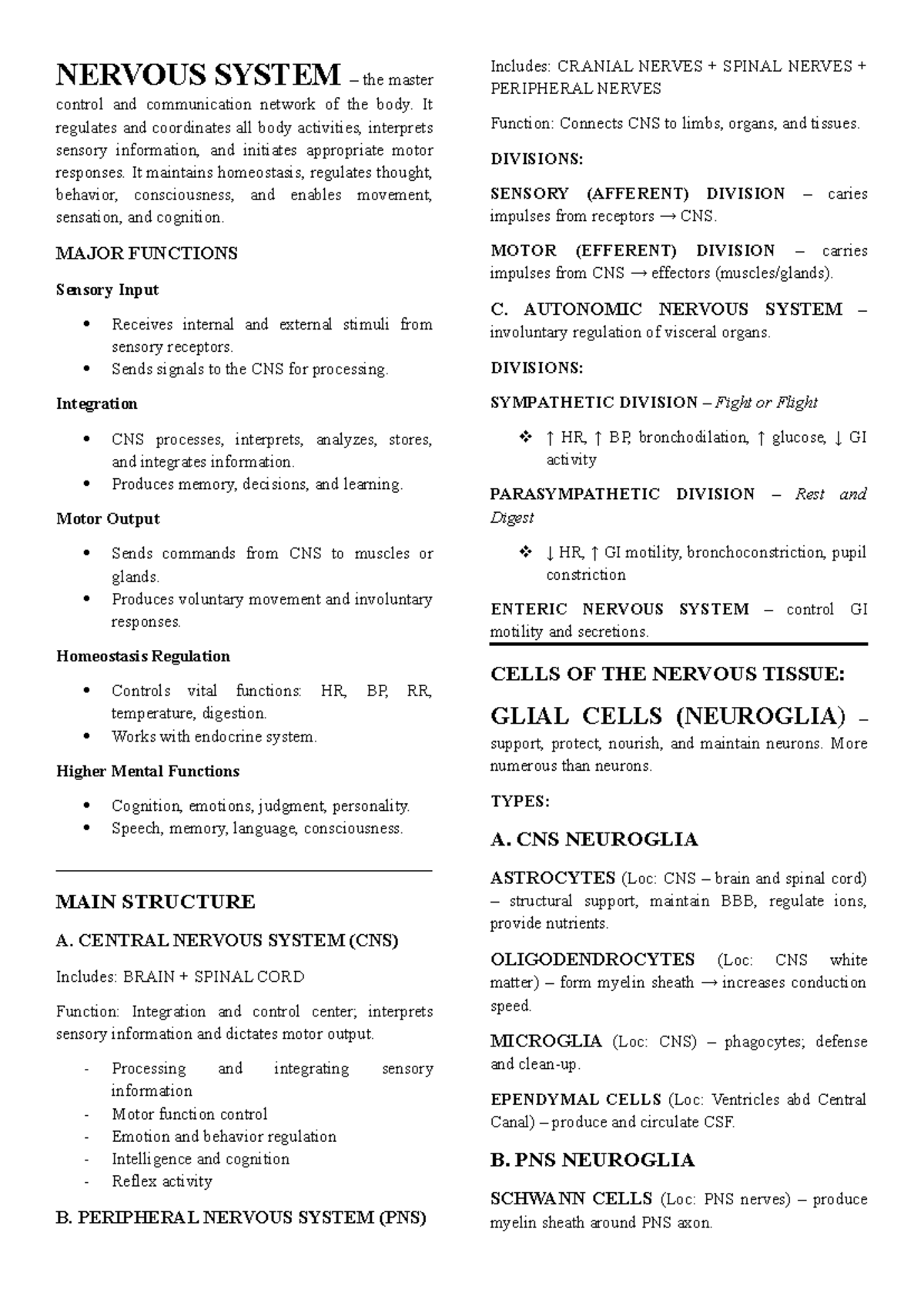 Nervous System Review: Master Control & Communication Network - Studocu