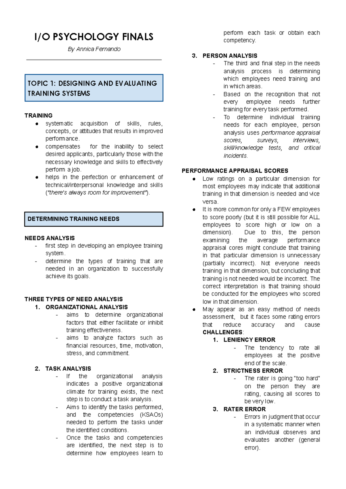 IO PSYCH 101: Final Exam Study Notes on Training & Motivation - Studocu