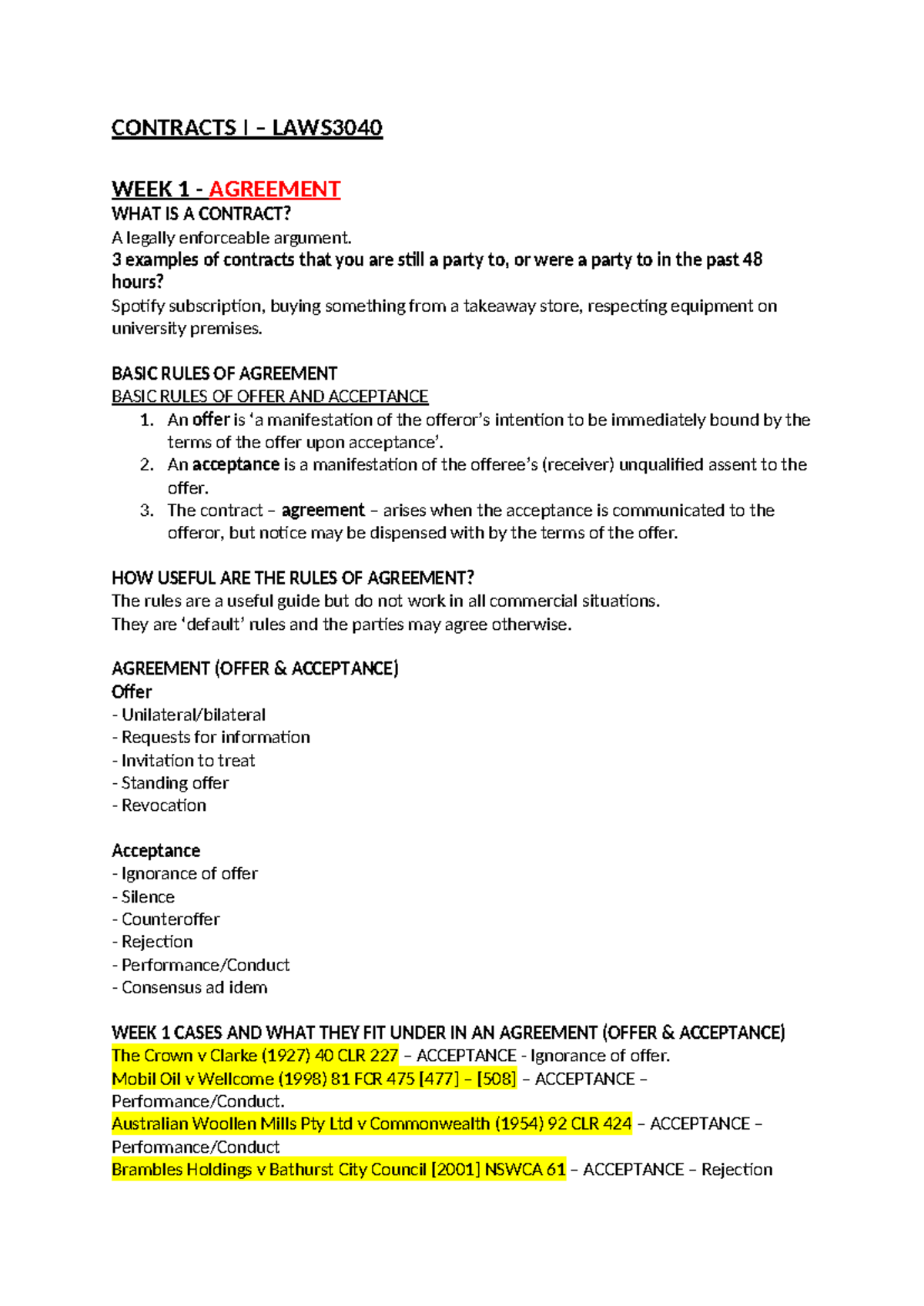 Contracts I - LAWS3040 - Week 1 notes on agreement and legal principles ...