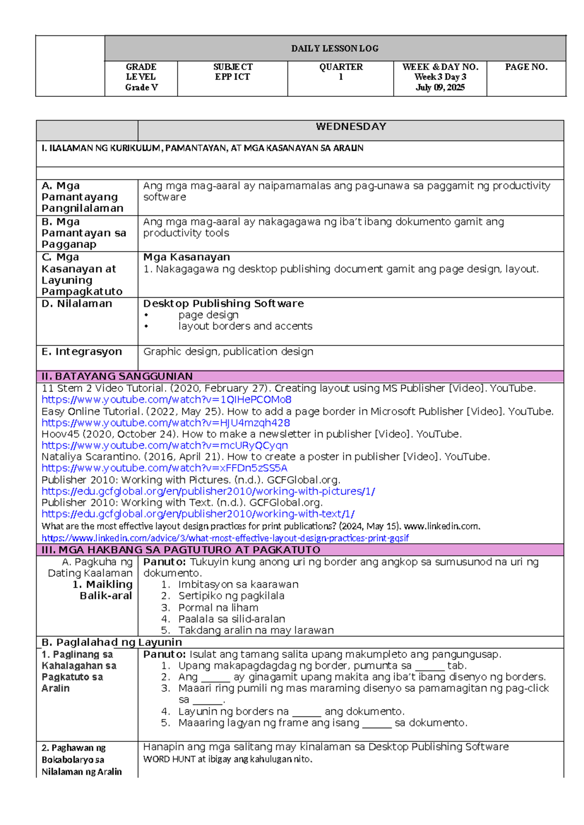 EPP ICT Q1 WEEK 3 DAY 3 LESSON LOG - GRADE V - Studocu