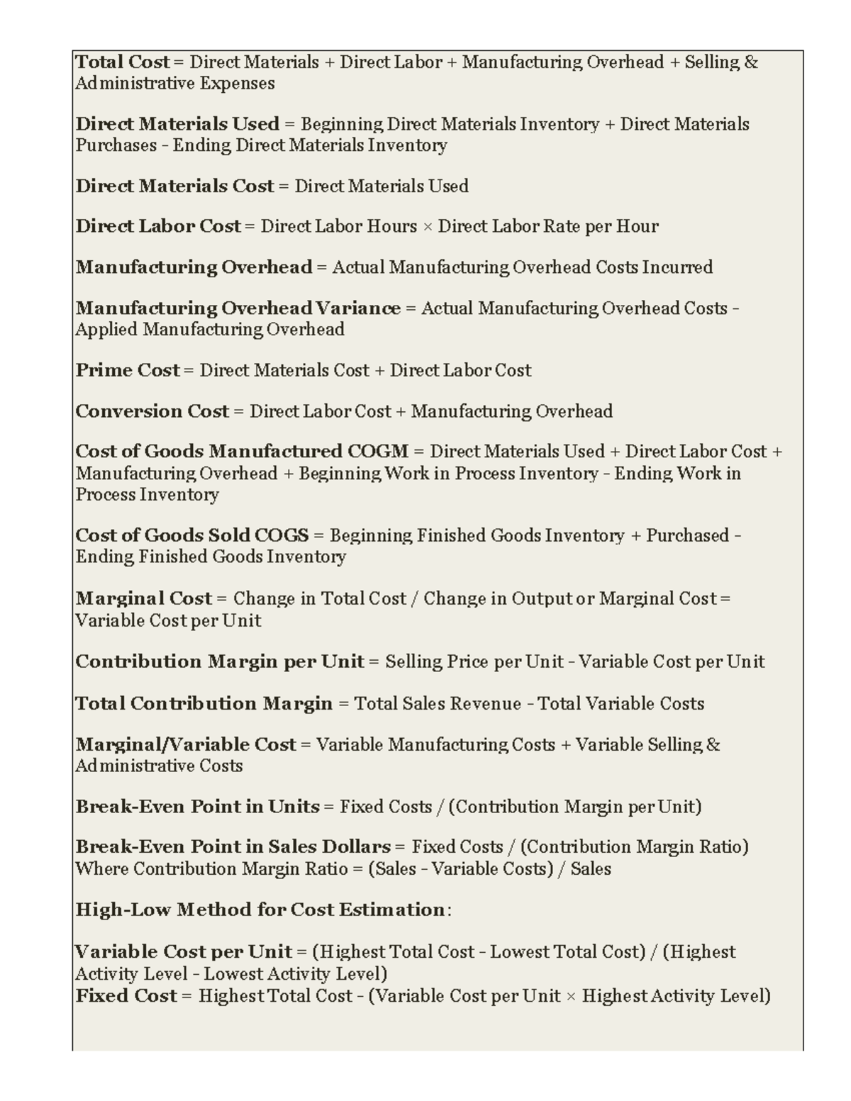 COST Accounting Formula - Total Cost = Direct Materials + Direct Labor ...