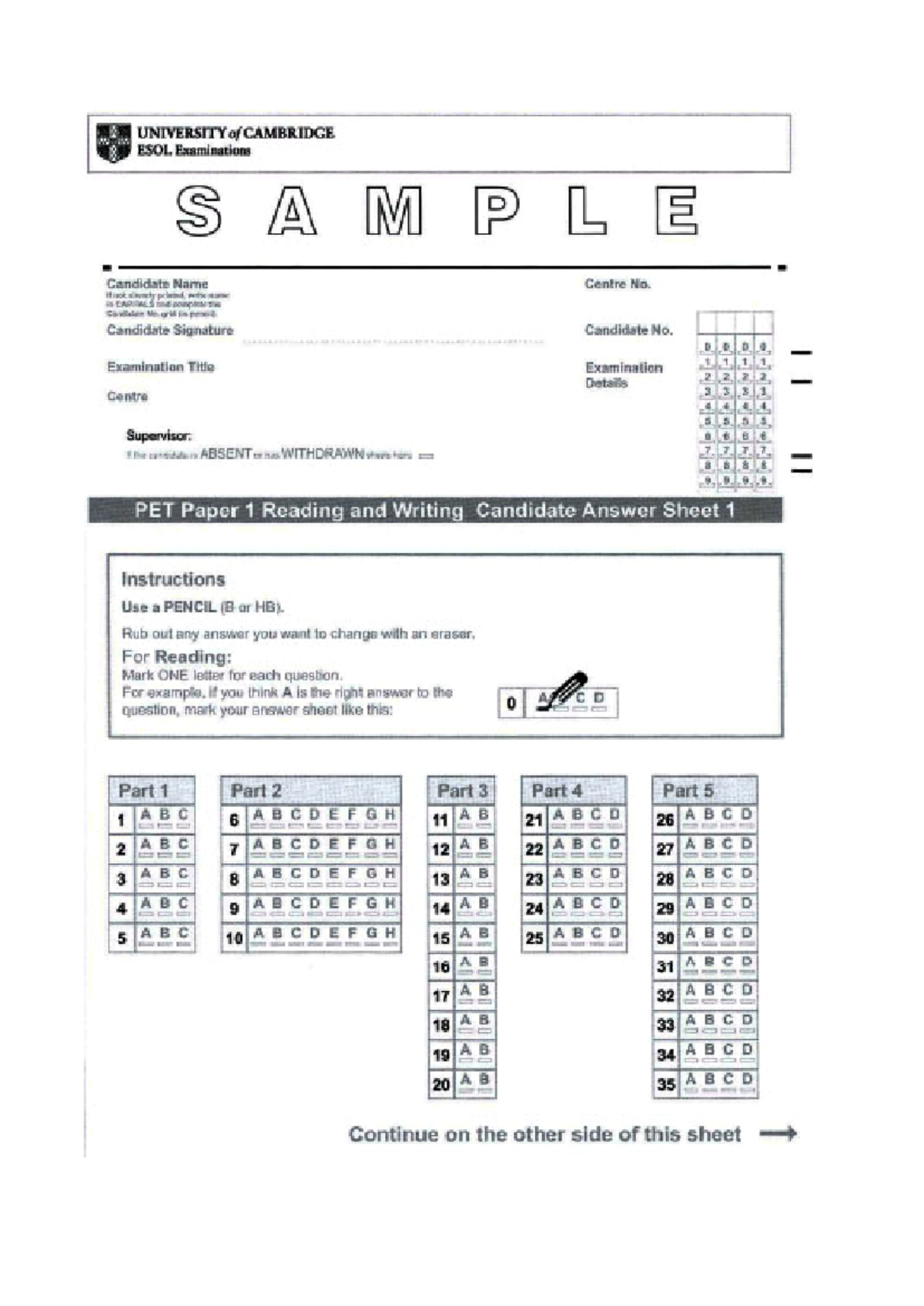 PET Paper 1 & 2 Answer Sheets for Reading, Writing & Listening - Studocu