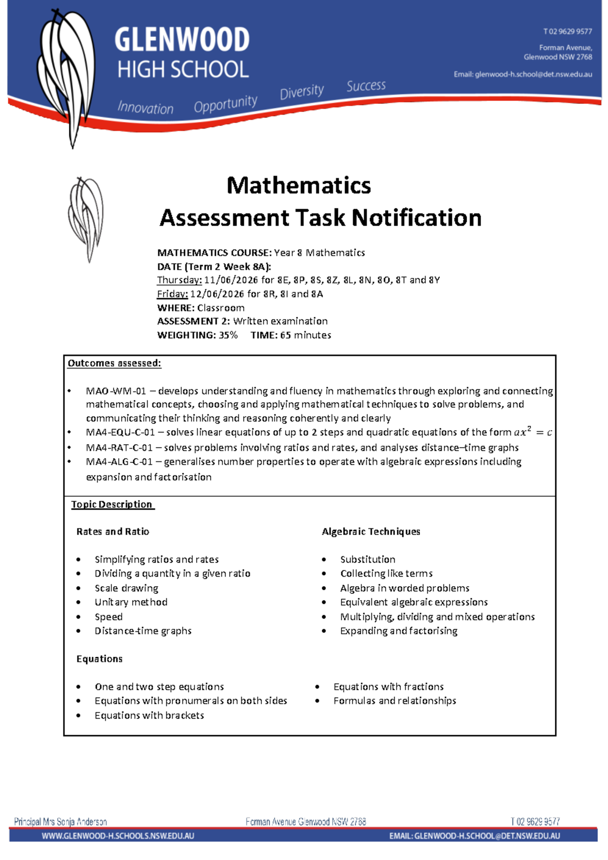Y8 Mathematics Assessment Task Notification - Term 2 Exam - Studocu
