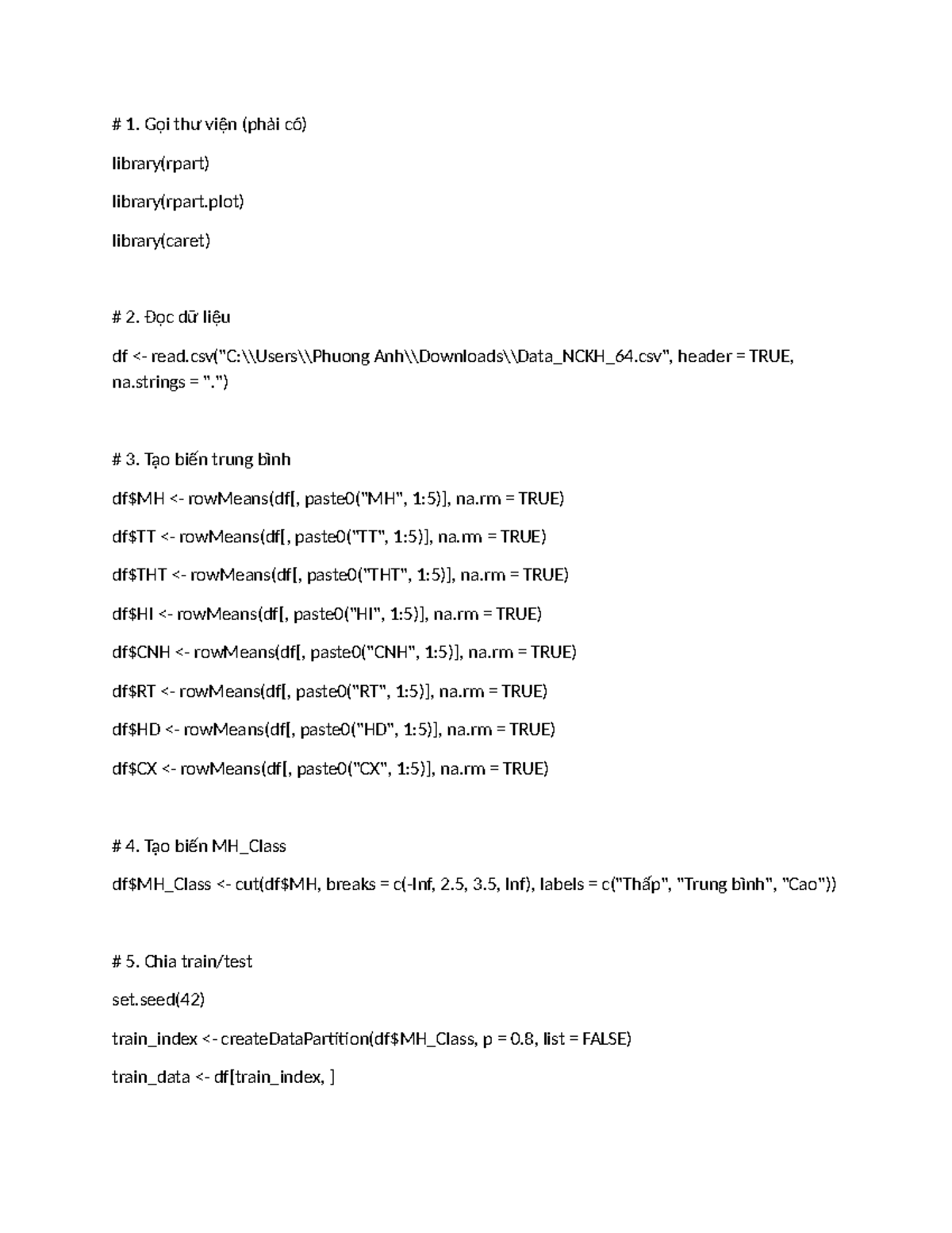 R Code for Decision Tree Model (MH_Class) Analysis - Studocu