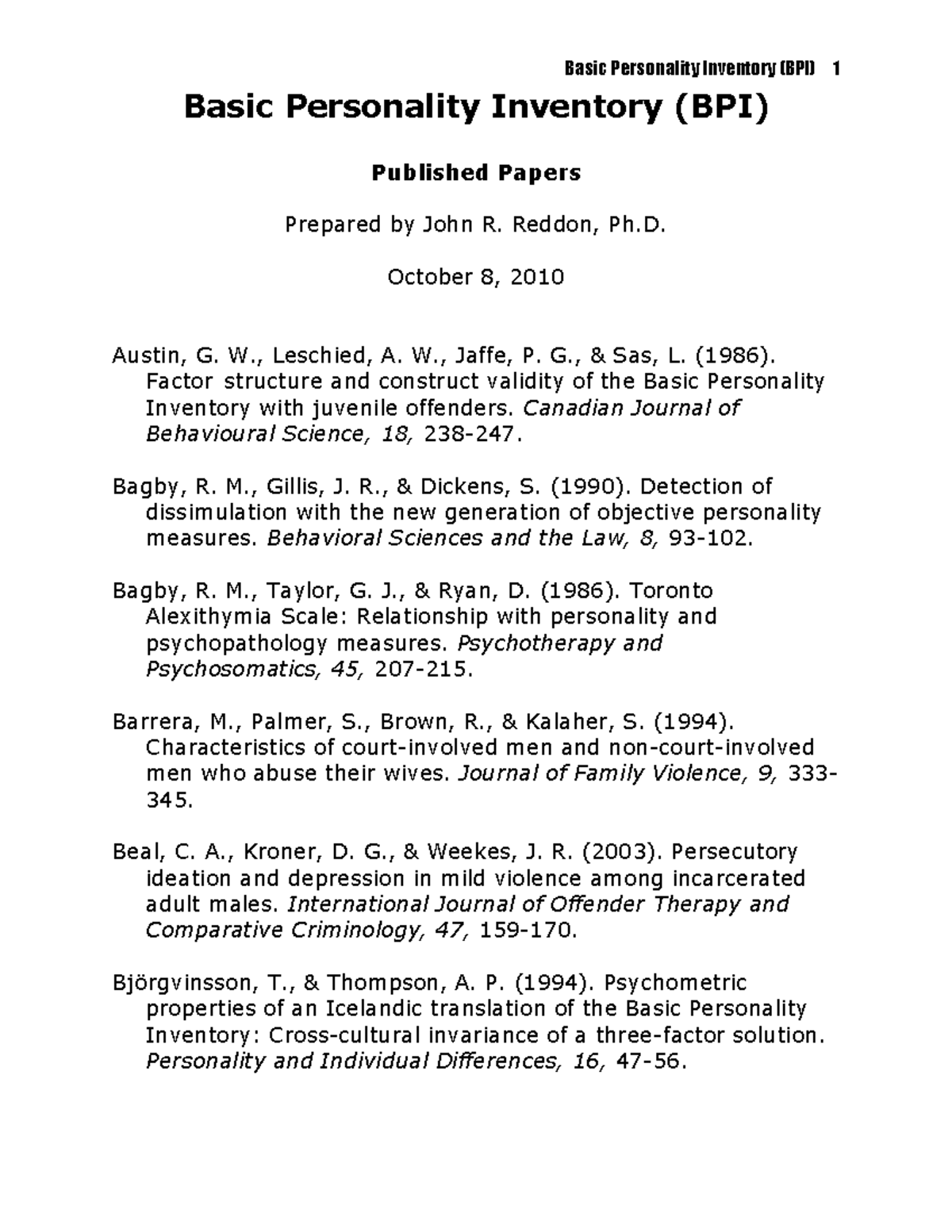 References for Basic Personality Inventory (BPI) Studies and Findings ...
