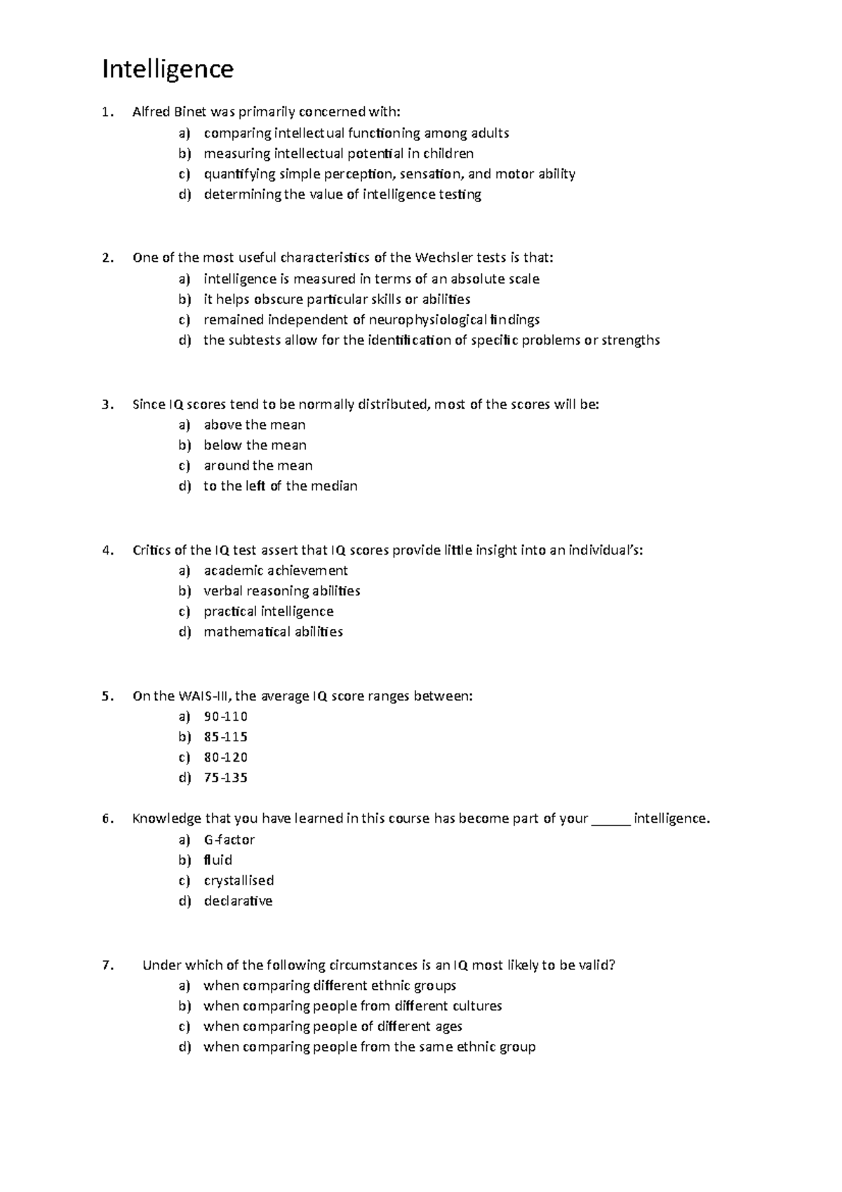 INT101: Multiple Choice Questions on Intelligence Concepts - Studocu