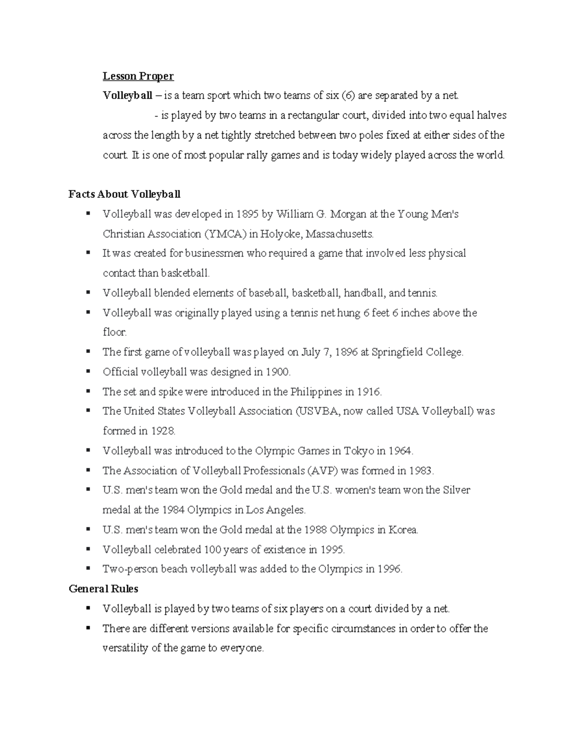Volleyball- Summary - Lesson Proper Volleyball – is a team sport which ...