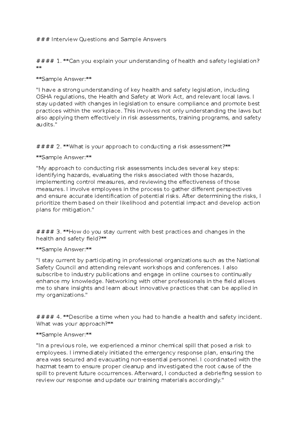 Interview Questions & Sample Answers on Health & Safety Legislation ...