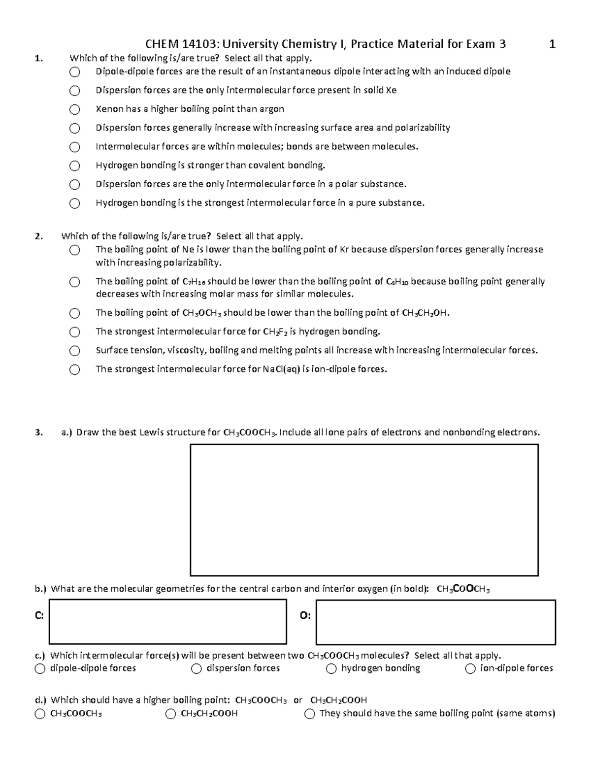 CHEM 14103: University Chemistry I, Exam 3 Practice Material - Studocu