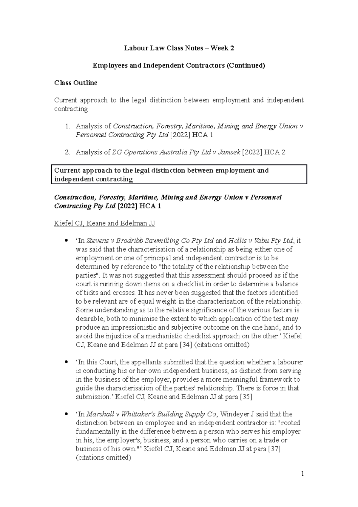 Labour Law Class Notes - Week 2 - It was not suggested that this ...
