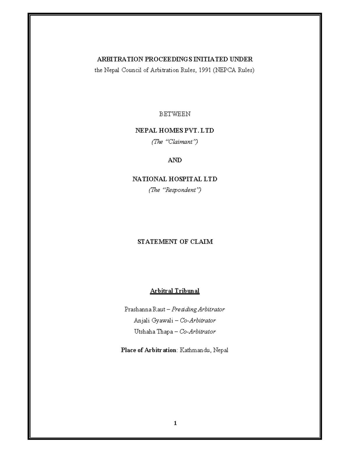 Statement of Claim in Arbitration Proceedings (NEPCA Rules) - Studocu