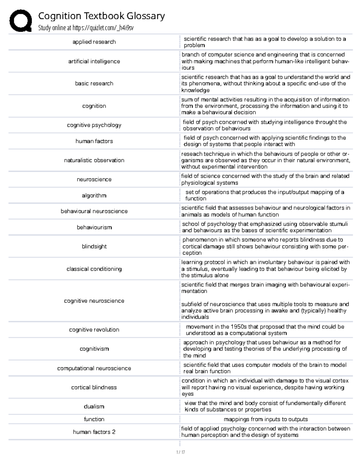 Cognition Textbook Glossary: Key Terms and Concepts for Study - Studocu
