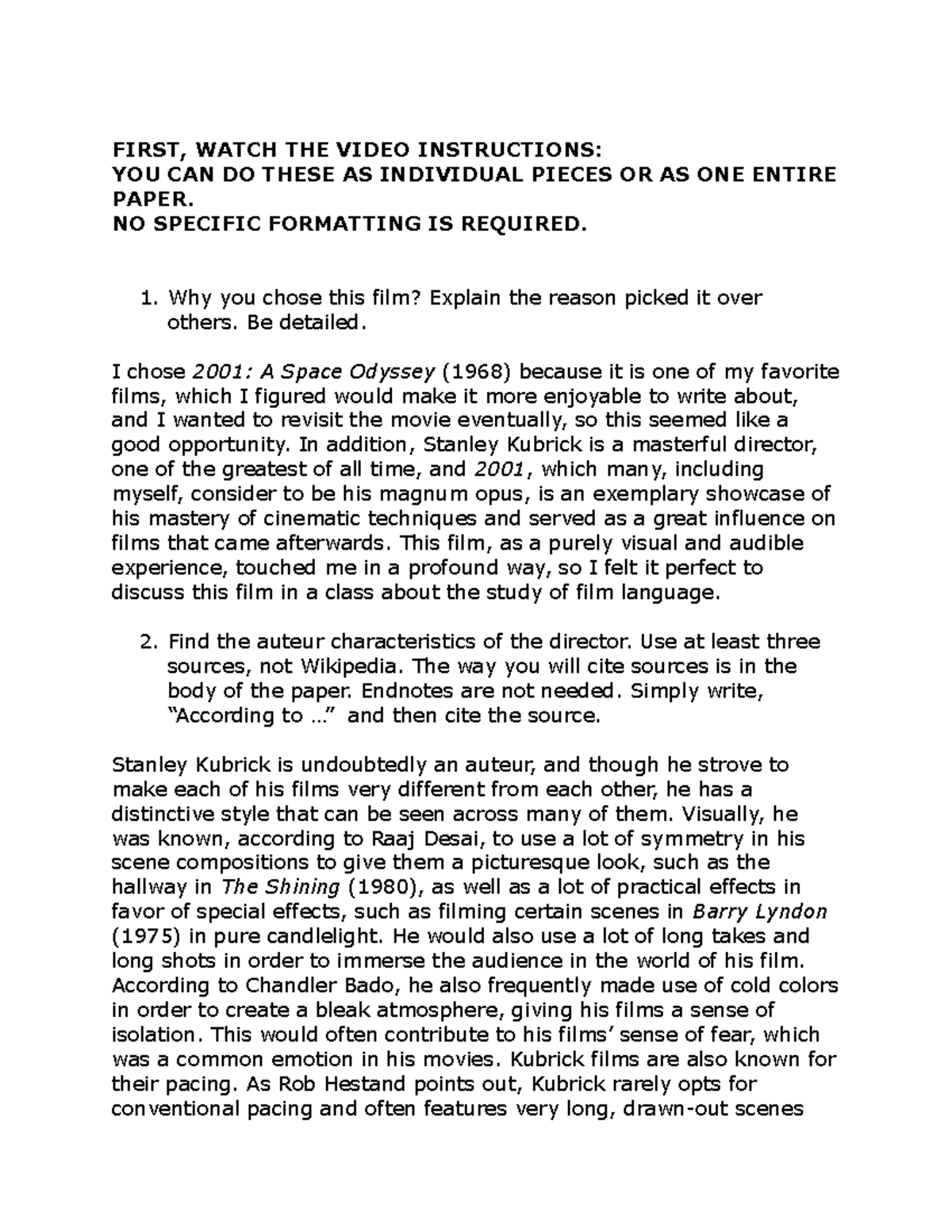 Cinema 107 Final Analysis Paper - FIRST, WATCH THE VIDEO INSTRUCTIONS ...