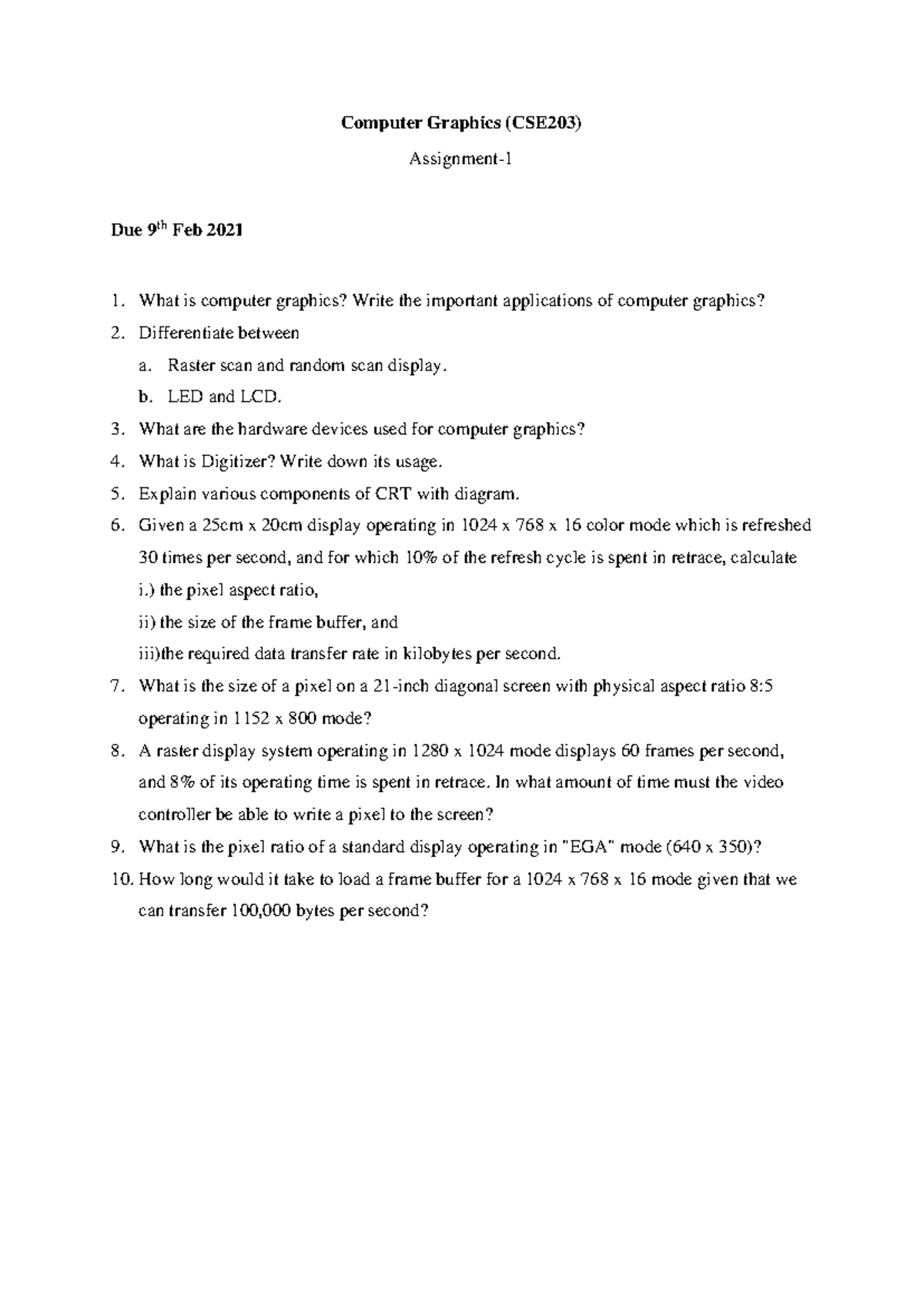Assignment 1 CG - questions - Computer Graphics (CSE203) Assignment- 1 ...