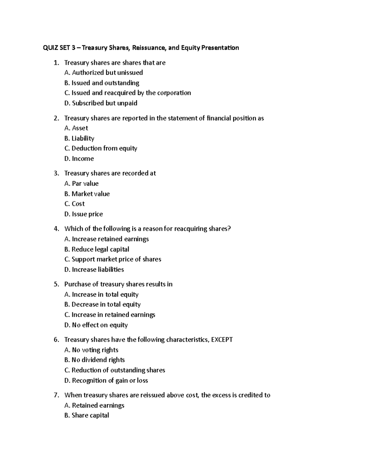 QUIZ SET 3 - Accounting for Treasury Shares and Equity MCQs - Studocu